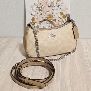 Coach Teri Mini Crossbody Bag Signature Canvas Sand Taupe Silver CW323
